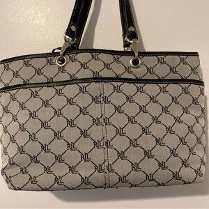 Lauren Ralph Lauren Monogrammed Black and Grey Small Tote Tie Closure